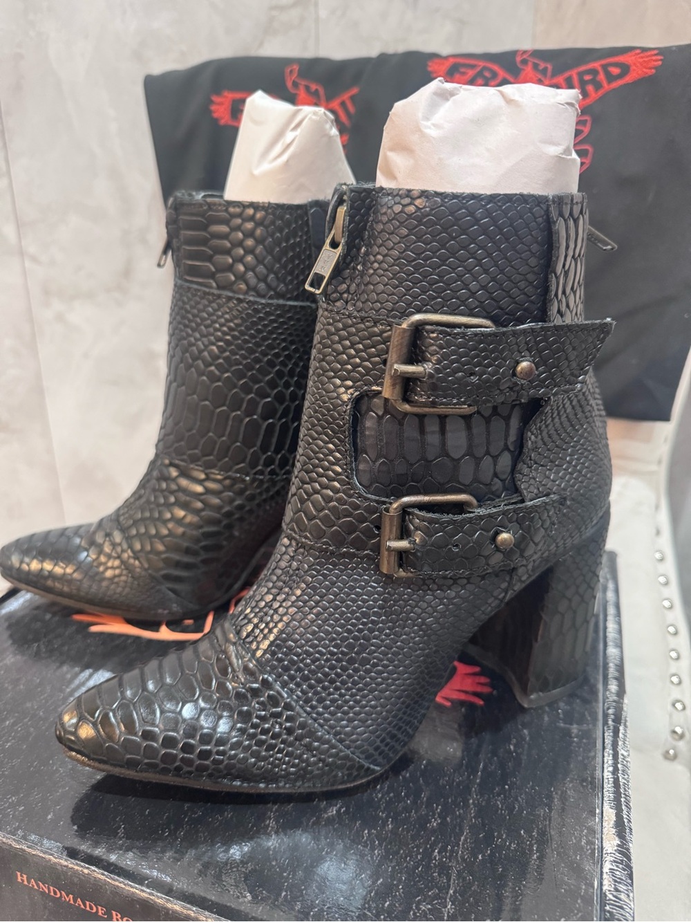 NEW Freebird Black Snake-Embossed Buckle Block Heel Ankle Boots - Picture 2 of 5